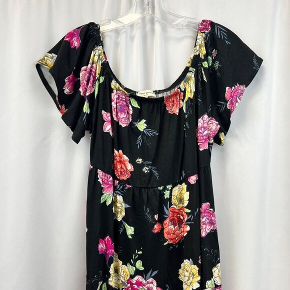 Sweet Lovely Off Shoulder Short Sleeve Floral A-Line Dress Black/Multi Medium - Picture 2 of 9